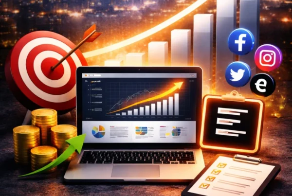 Digital advertising illustration with a target, campaign dashboard and rising chart.