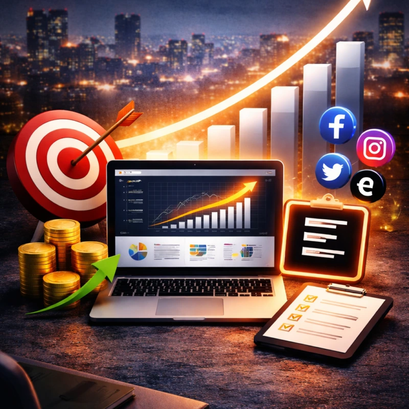 Digital advertising illustration with a target, campaign dashboard and rising chart.