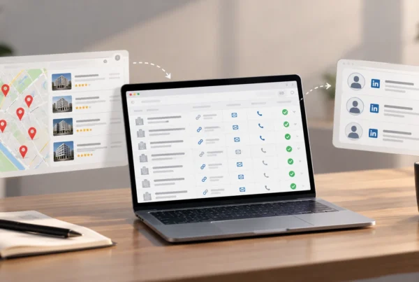 Laptop displaying a list of business contacts for B2B outreach.