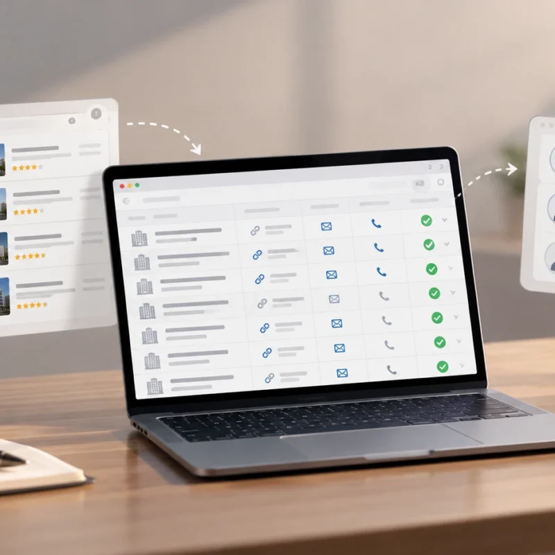 Laptop displaying a list of business contacts for B2B outreach.