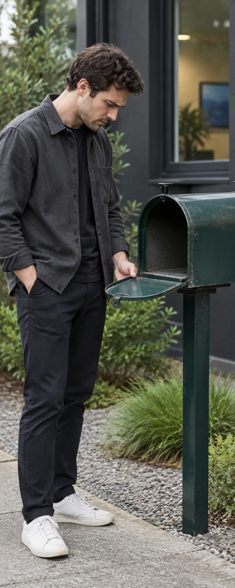 A disappointed founder looks inside an empty old-fashioned green mailbox.