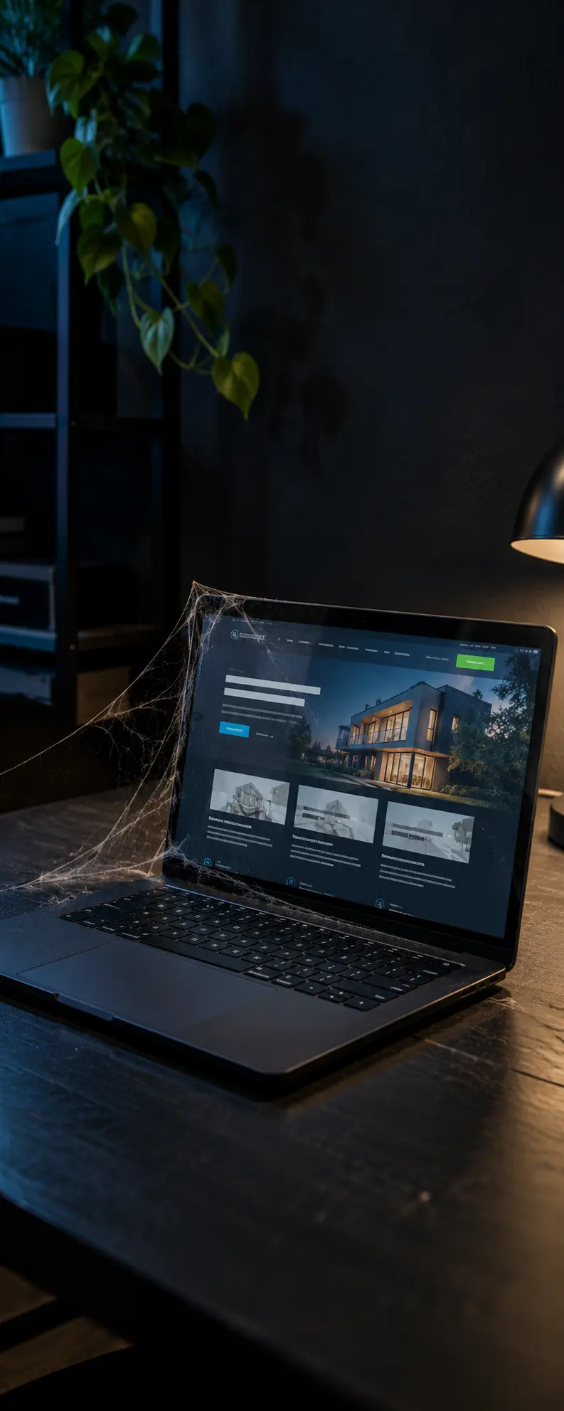 A laptop displaying a business website sits beneath cobwebs in a quiet dark office.