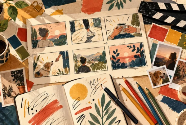 Illustrated storyboard workspace with scene sketches, pencils, photos and a clapperboard.