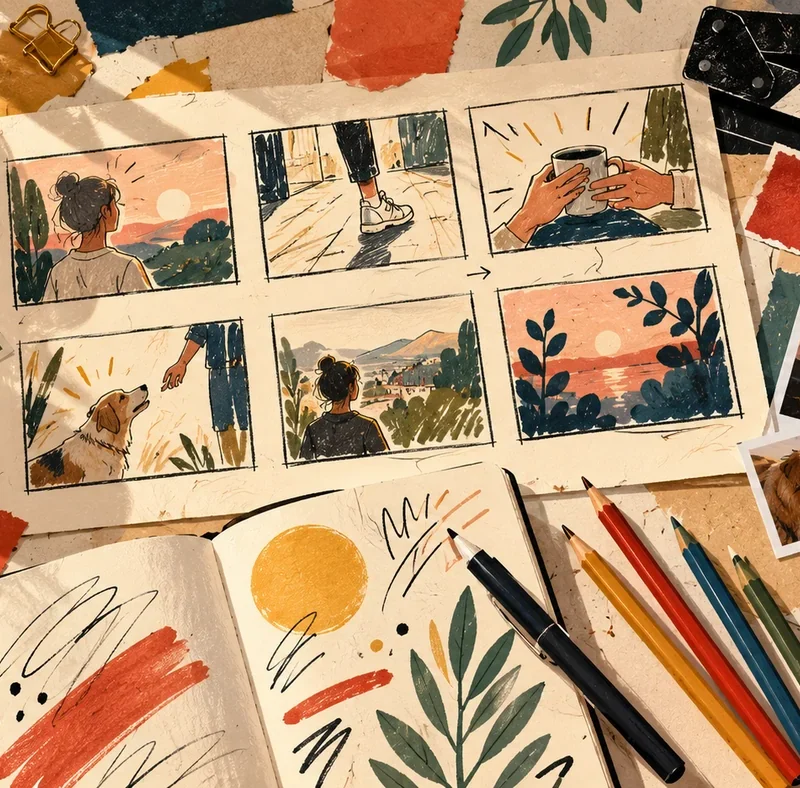 Illustrated storyboard workspace with scene sketches, pencils, photos and a clapperboard.