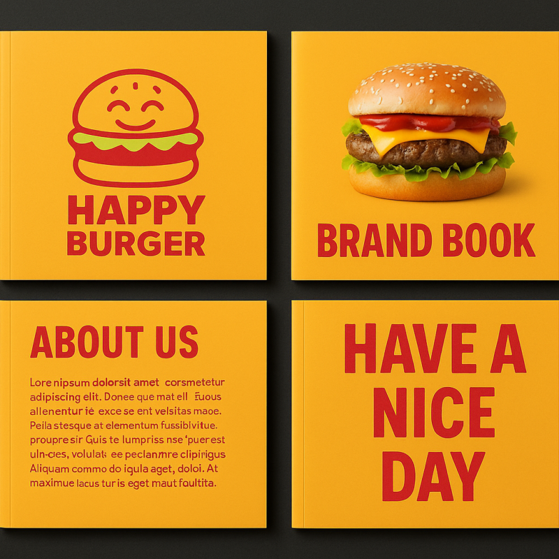 Happy Burger brand book with logo, colors and sample brand messages