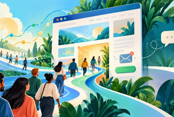 Colourful illustration of visitors following a path towards a website and enquiry form.