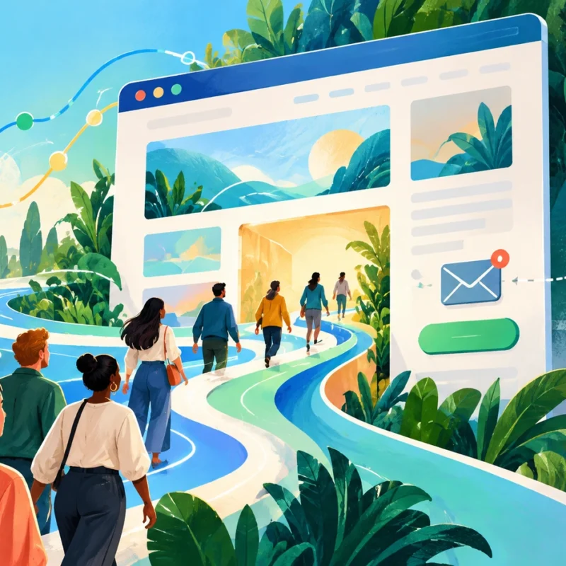 Colourful illustration of visitors following a path towards a website and enquiry form.
